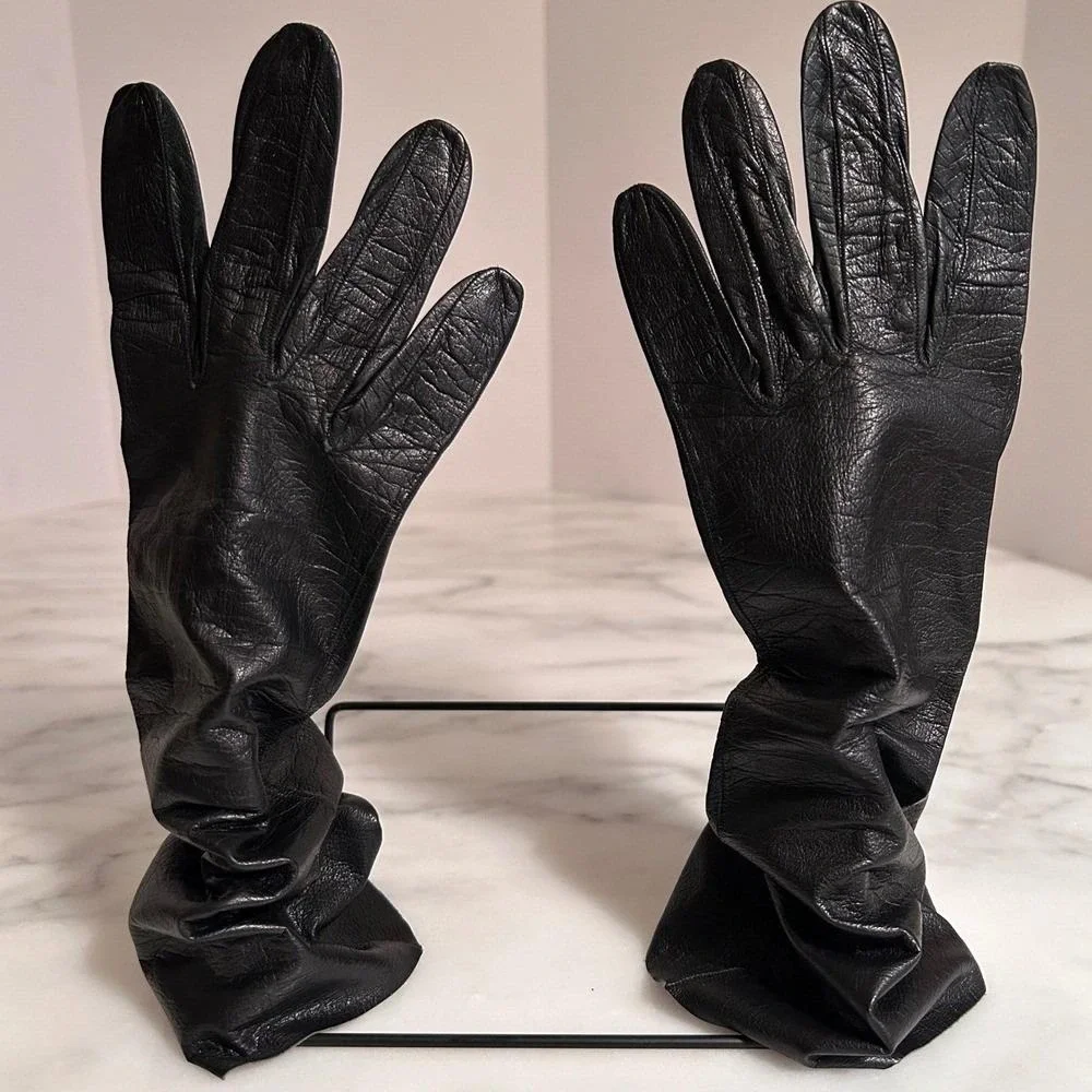 Womens Vintage Black Leather Dress Gloves Made in France for Lazarus 1960's